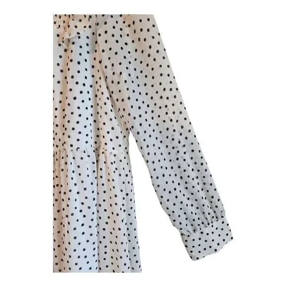 MADEWELL Women S Shift Dress Polka Dot Cream White & Black Smocked Ruffles Midi - Picture 5 of 10